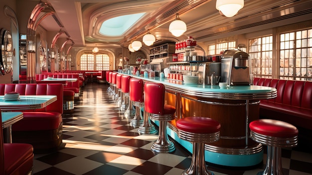 The vintage retro diner charms with its nostalgic ambiance featuring checkered floors and classic red leather booths