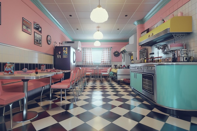 Vintage retro dinerstyle kitchen with checkered fl