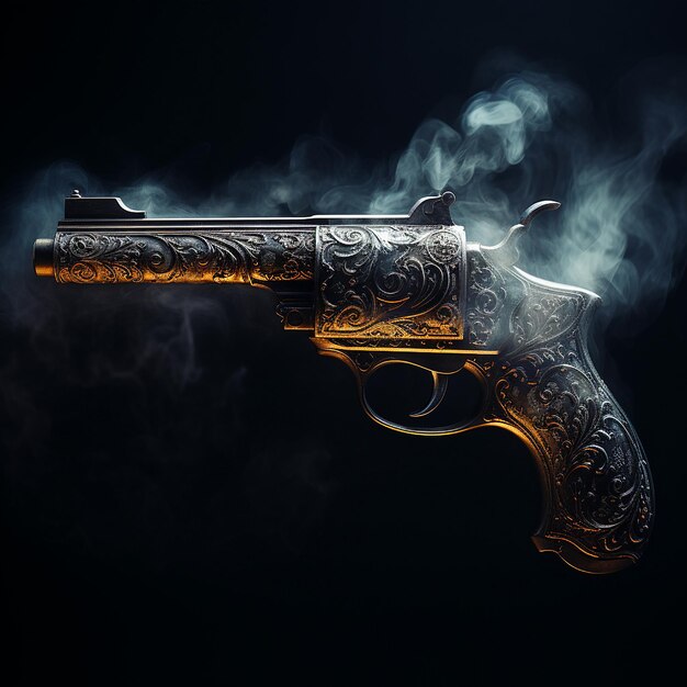 Винтажный ретро дуэльный пистолет, украшенный рисунками дыма на черном фоне, древнее оружие