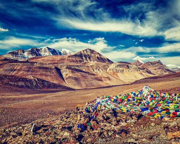 Photo vintage retro effect filtered hipster style image of buddhist prayer flags lungta on top of baralacha la pass on manalileh road baralacha la pass himachal pradesh india