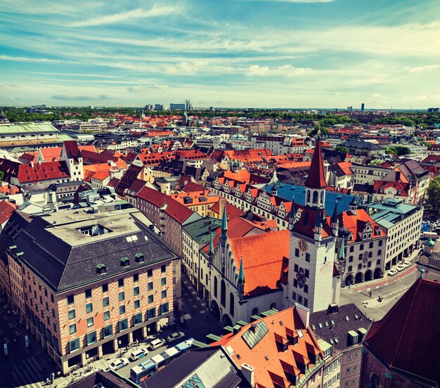 Vintage retro effect filtered hipster style travel image of aerial view of Munich Marienplatz and Altes Rathaus Bavaria Germany