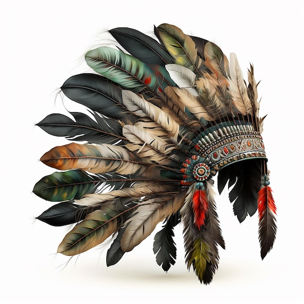 Vintage retro headdress american indian crown of bird feathers isolated on white closeup