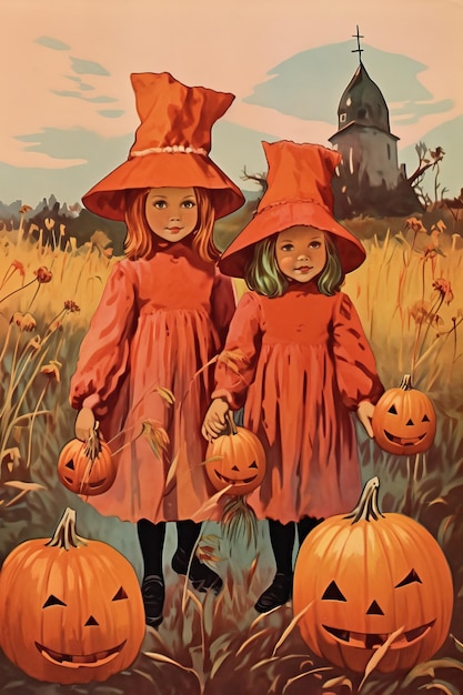 vintage retro kinderen boek briefkaart illustratie jaren '50 enge Halloween kostuum glimlach heks