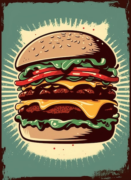 Винтажный ретро-плакат 50-х 60-х годов Фаст-фуд, бургер, чизбургер, доставка, гранж-плакат, иллюстрация