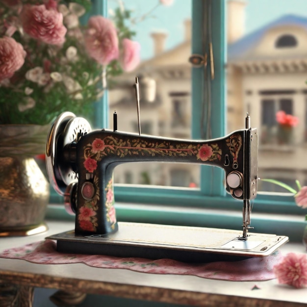 Photo vintage retro sewing machine on window with christmas environment decorative home cosy background