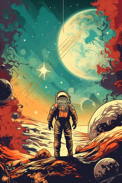 Vintage retro space poster with astronaut flying in the sky in the style of adventure themed vibra