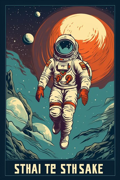 Photo vintage retro space poster with astronaut flying in the sky in the style of adventure themed vibra