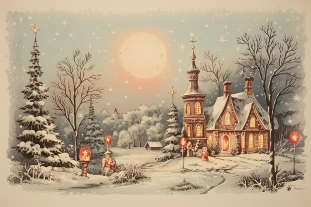 Иллюстрация рождественской открытки в ретро-стиле Красивая снежная зима с церковью