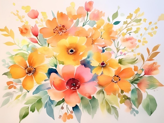 Vintage retro texture with colorful flowers Watercolor