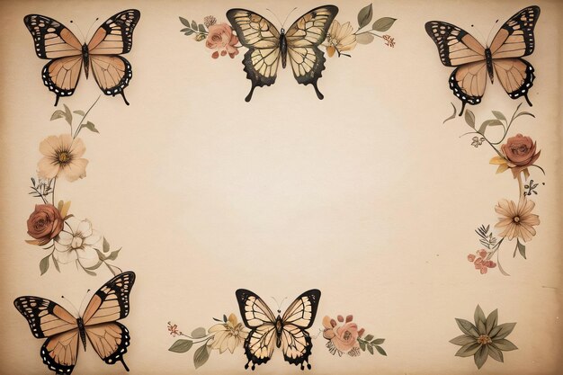 Photo vintage retro vibe old paper texture with butterflies and flowers background
