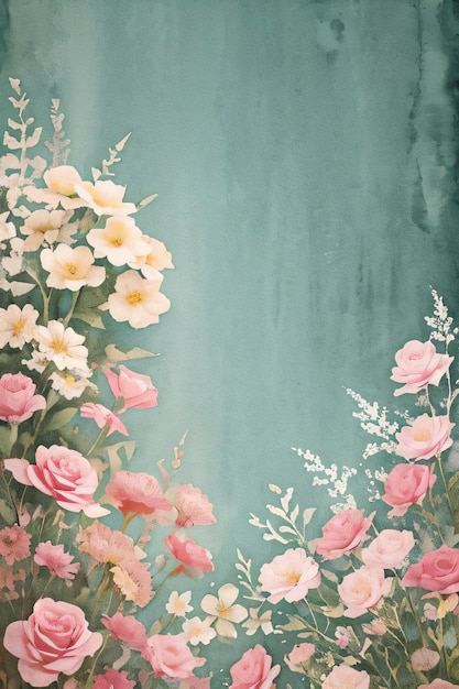 Vintage retro vibe paper texture with watercolor flowers