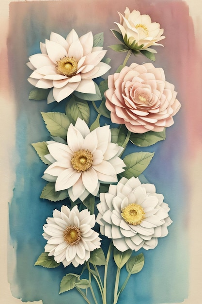 Vintage retro vibe paper texture with watercolor flowers