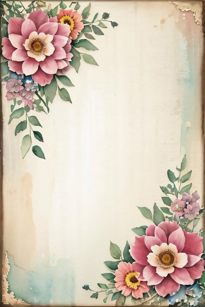 Vintage retro vibe paper texture with watercolor flowers