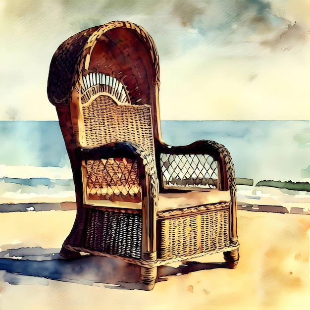 Vintage rieten strandstoel vakantie en zomer vibes aquarel stijl