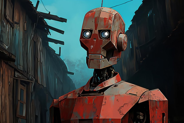 Vintage robot in the city digital painting style