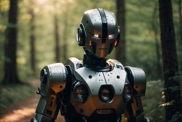 Винтаж-робот в лесу Фантазия и фантастическая концепция Избирательная фокус