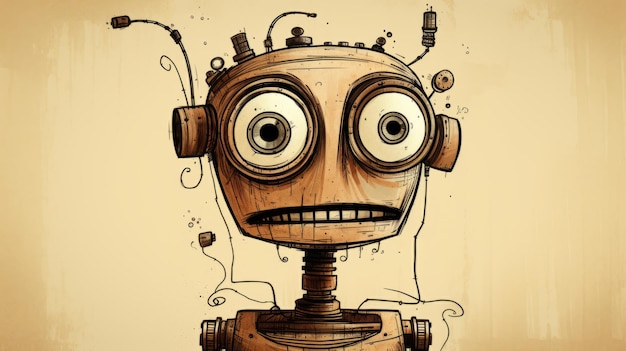 写真 ヴィンテージ・ロボット・ヘッド 茶色の背景のユーモラスな漫画イラスト