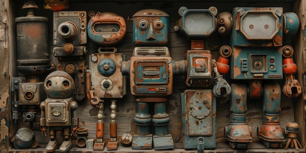 Коллекция старинных игрушек-роботов выставлена на деревянной полке