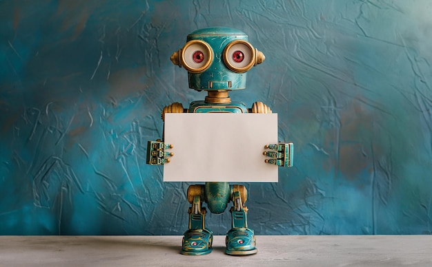 Винтаж-робот с пустым знаком в руках на синей стене Генеративный ИИ
