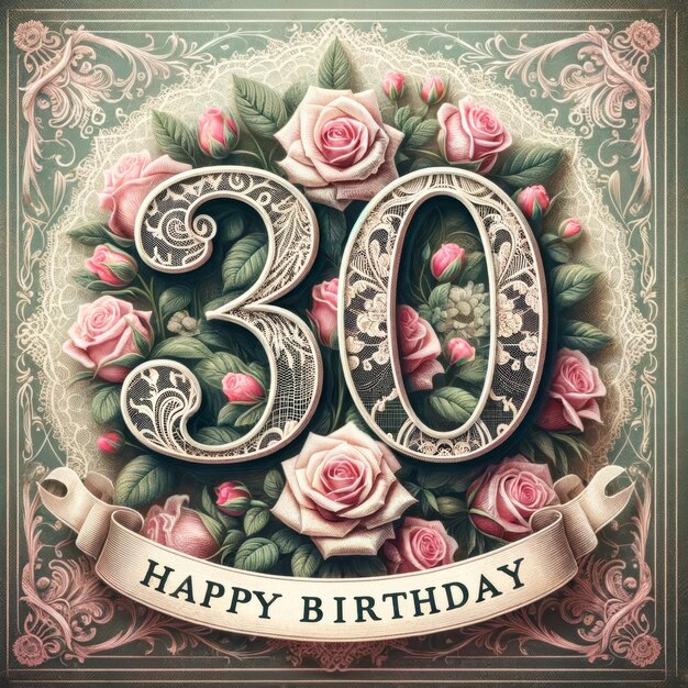 Foto carta per il 30esimo compleanno decorata con rose d'epoca