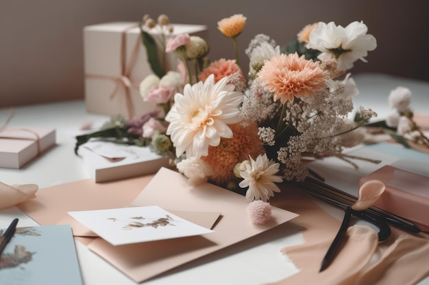 写真 ヴィンテージのバラの花とライト テーブルにリボン付きギフト ボックス誕生日女性や母の日のグリーティング カード