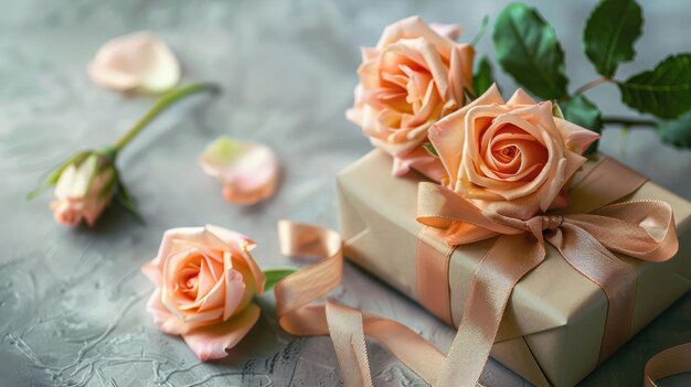 Photo vintage rose flowers and gift box with ribbon on light table greeting card for birthday womens or mothers day