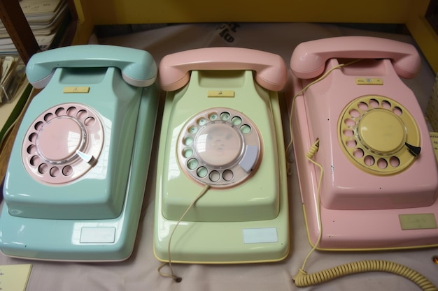 Photo vintage rotary telephones in pastel colors on yellow background