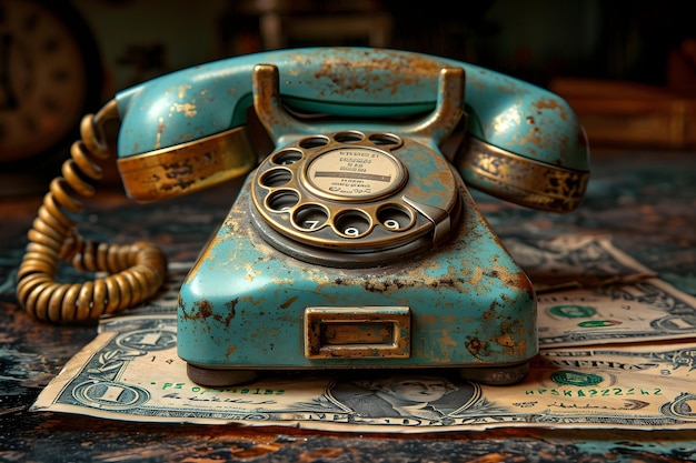 Vintage roterende telefoon op oude bankbiljetten met een rustieke retro vibe