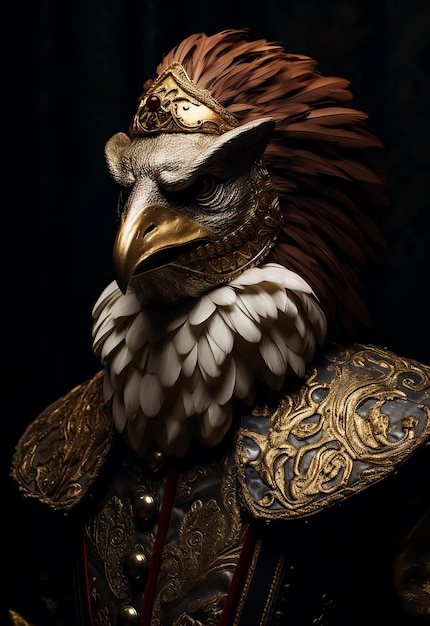 Vintage royal warrior in Golden bird mask feathers fantasy