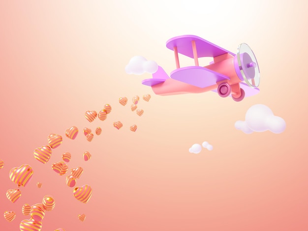 Vintage roze vliegtuig met hartballon 3d render illustratie