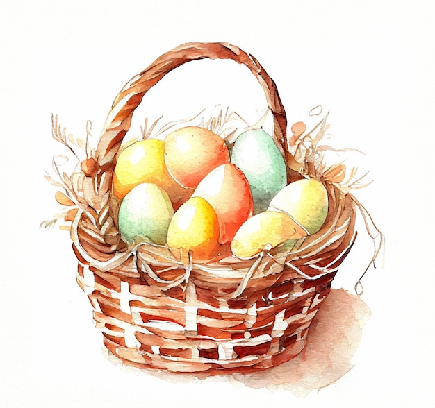 Vintage rural eggs in a basket isolated on white background watercolor hand drawn illustration Easter