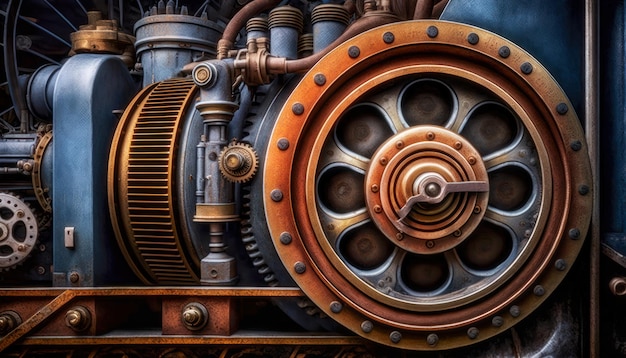 Vintage rusty machinery gears steampunk background generative ai