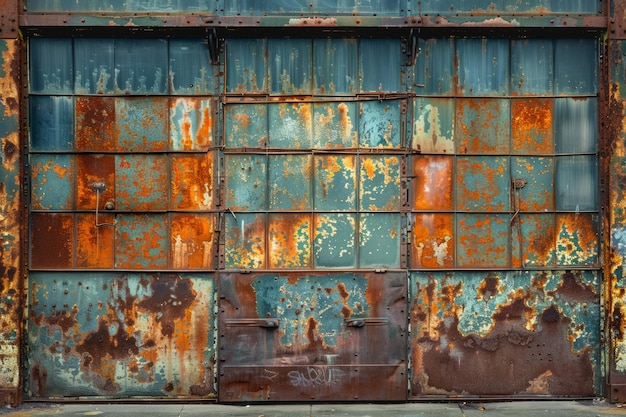 Vintage Rusty Metal Garage Door with Distressed Texture and Faded Paint for Urban Background