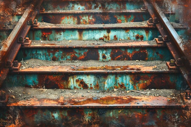 剥がれる塗料の質感を持つヴィンテージの生<unk>の金属の階段 耐候産業クローズアップショット