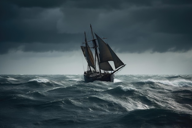 Vintage sailboat in stormy sea Dramatic sky Old sailboat caught in a big storm at sea AI Generated