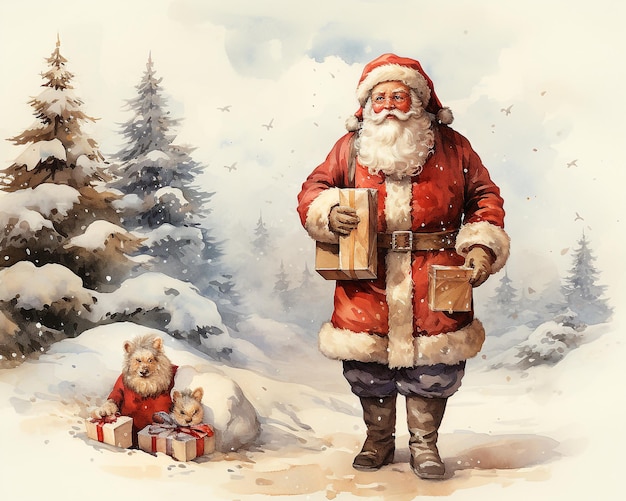 Vintage Santa Claus With Gift Boxes