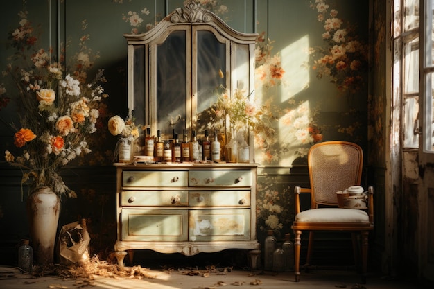 Vintage scenario with old furniture and retro wallpaper generative IA