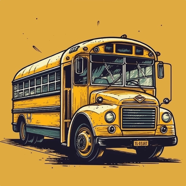Старинный школьный автобус, нарисованный вручную на желтом фоне