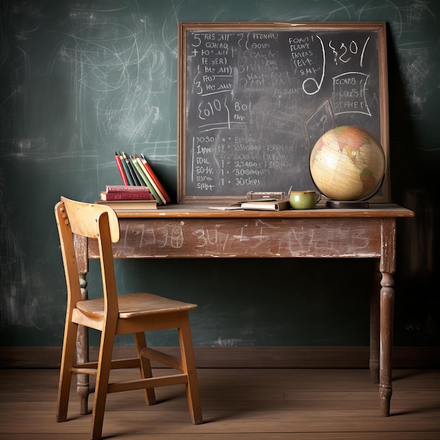 Photo vintage school desk and chalkboard