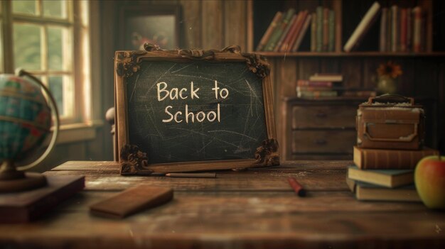 Vintage School Desk with Chalkboard and Classic Books