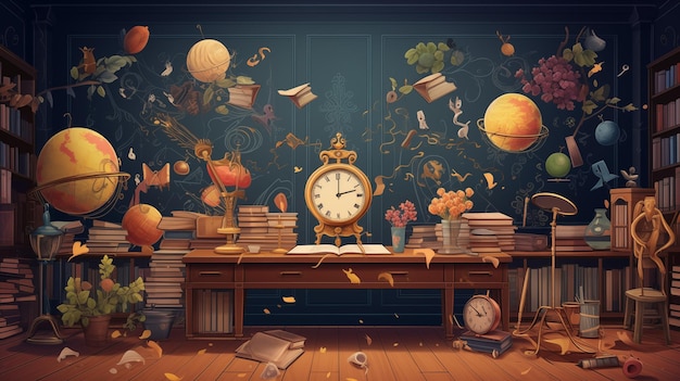 Vintage school room interior with books clock bookshelf books plants and other objects Vector i