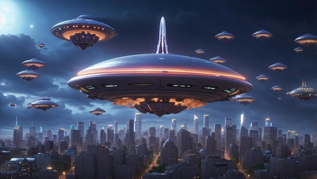 Vintage SciFi Retro City binnengevallen door majestueuze UFO Armada