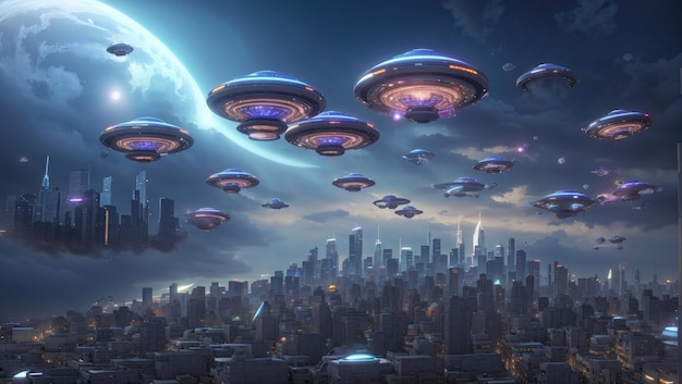 Vintage SciFi Retro City Invaded by Majestic UFO Armada