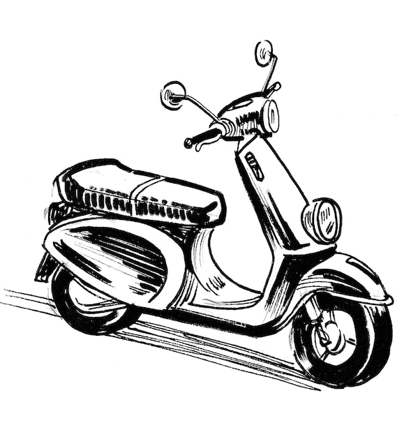 Foto vintage scooter. inkt zwart-wit tekening