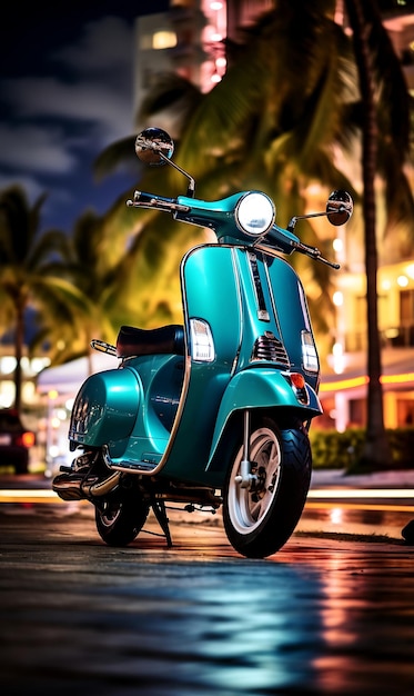 Vintage scooter at night in Miami Florida USA