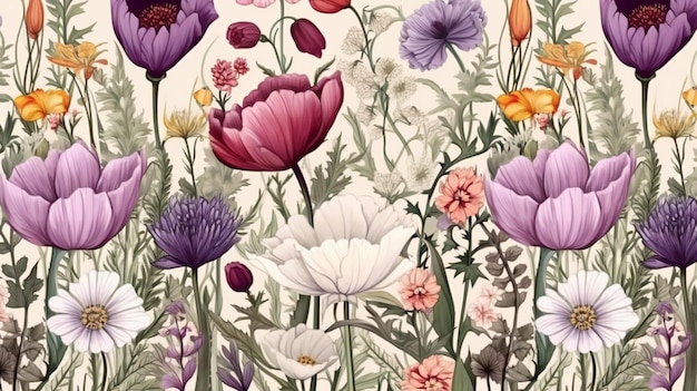 Vintage seamless floral pattern Spring flowers illustration decor
