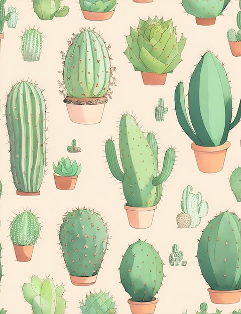 Photo vintage seamless pattern of a cactus and succulents