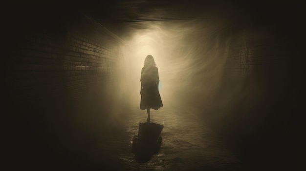 A vintage sepia grunge edited image shows a ghostly woman in a dress in a foggy tunnel at night silhouette concept