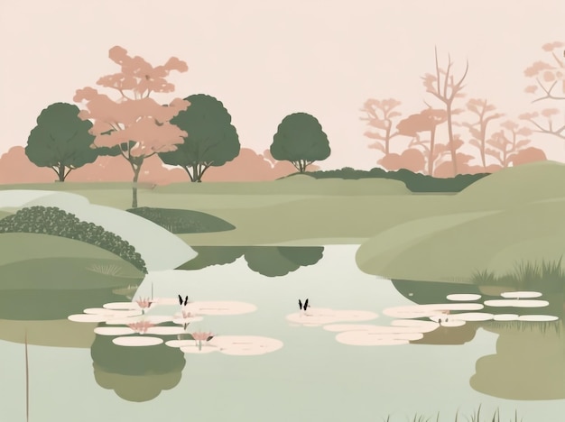 사진 빈티지 세레니티 (vintage serenity) 오래된 부지 에 있는 조용한 연못 (tranquil pond) 은 시대를 초월한 예술적 스타일로