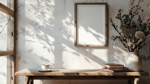 Vintage setting met een leeg frame oude boeken koffiekop en gedroogde bloemen op een rustieke houten tafel